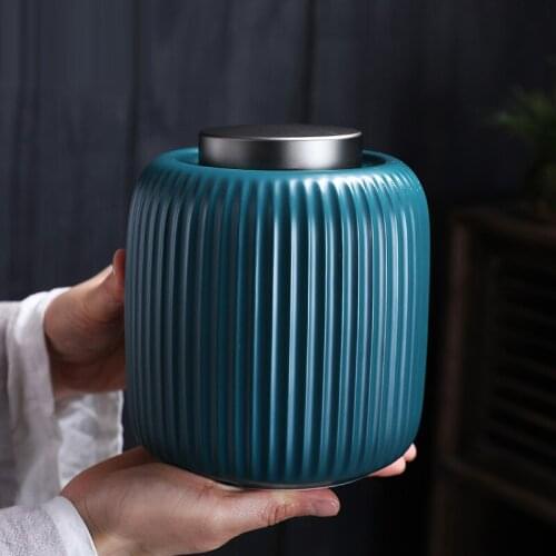 European Vertical Pattern Double Lid Tea Caddy Ceramic Large Food Sealed Household Candy Coffee Bean Storage Box Home Decoration