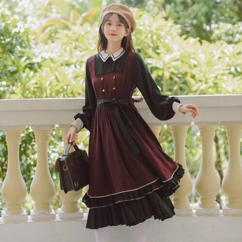 European American Retro JK Preppy Style Dress Women Sweet Cute Lolita Uniform Dress Fall Ruffled Puff Kawaii Dress Femme Autumn