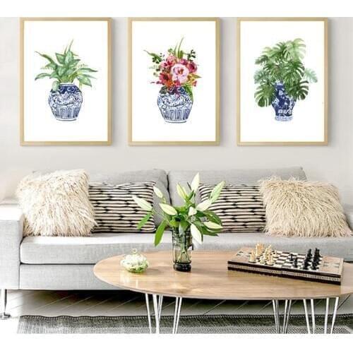 Chinoiserie Art Print Ginger Jar Blue White Porcelain China Ming Vase Wall Art Canvas Painting Poster Watercolor Floral Decor