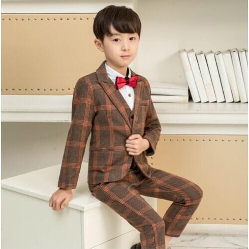 2020 Brown Plaid Suit for Boys Slim Fit Children Wedding Suits Set Tweed Purple Kids Formal Suit Set Jacket Pants Vest 3 Pieces