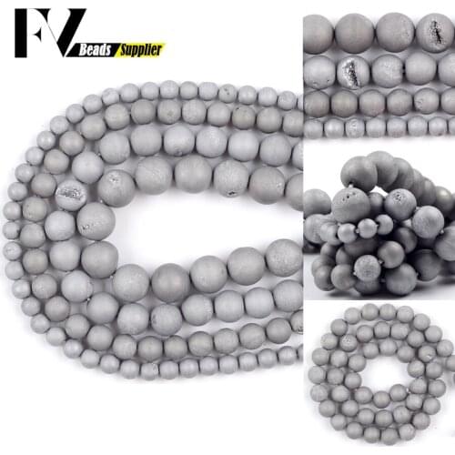Matte Round Natural Silvers Druzy Agates Beads For Jewelry Making Metallic Coated Loose Beads Diy Bracelet Necklace 6/8/10/12mm