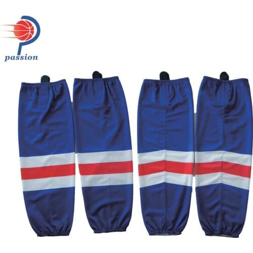 MOQ 10 Pairs $18 Navy Blue Youth Team Hockey Socks With Red Strips and Sublimated Logos