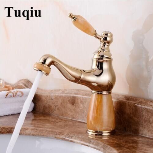 Fashion jade and brass construction gold finished Basin Crane bathroom basin faucet,sink tap mixer with pull out shower head