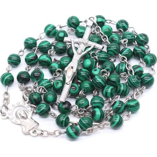 Malachite Cross Pendant Rosary Beads Chain Necklace Christian Religion Men Charm Dropshipping