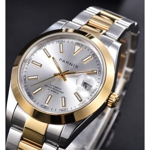 Casual Parnis White Dial miyota luminous Date automatic Mens Watches Calendar Gold Silver Strap Mechanical Men Watch