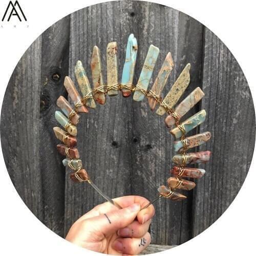 Gold Wire Wrapped Natural Snakeskin Jaspers Slab Point Crown Tiara Women Stone Beads Headband Hair Jewelry Accessories HG030AMDF