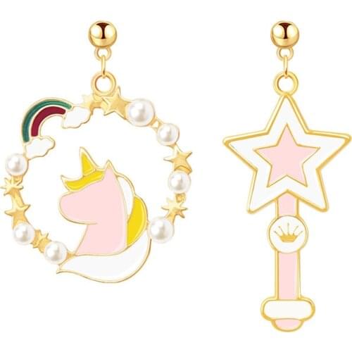 Rainbow Unicorn Earrings Dream Girl Wind Cute Magic Wand Student Tremella Earrings Ear Clips Without Ear Holes