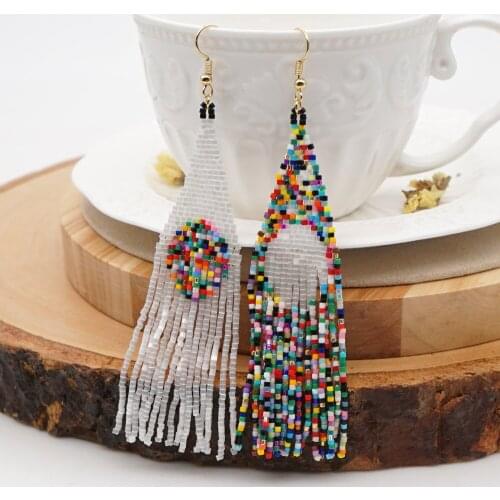 Miyuki Rice Beads Woven Bohemian Ethnic Style Creative Color Starry Sky Pattern Mixed Color Tassel Earrings Female Earcuff