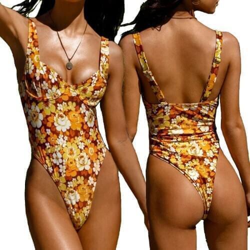 Sexy High Cut One Piece Swimsuit Women Floral Underwired Swimwear High Waisted Bathing Suit Monokini Bodysuit Beach Wear Bikinis