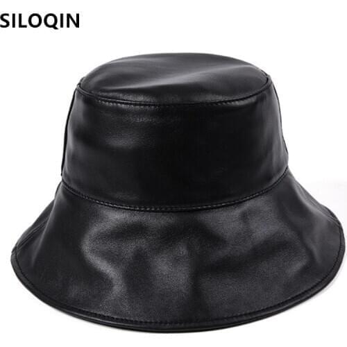 SILOQIN natural genuine leather hat bucket hats for women autumn sheepskin leather caps elegant ladies black cap womens hat NEW