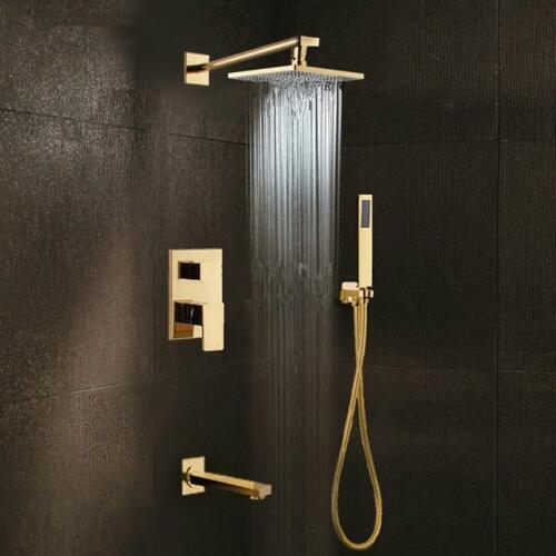 Smesiteli Luxury Solid Brass Gold Finish Bathroom 3 Ways Rainfall Shower Faucet 8" Rainfall Shower Head Tub Spout Mixer Tap