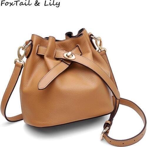 FoxTail & Lily 100% Genuine Leather Bucket Shoulder Bag Popular Women Messenger Bags Elegant Ladies Soft Leather Crossbody Bag