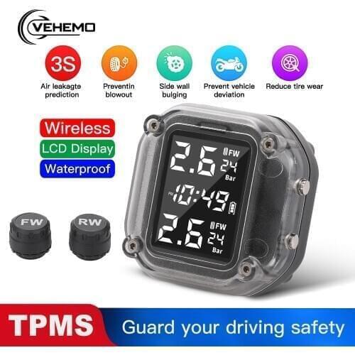 Vehemo USB Charging Motorcycle TPMS Motor Tire Pressure Tyre Temperature Security Monitoring Alarm System 2 External Sensors