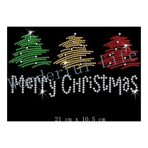YX Free shipping 20 Pcs/Lot Christmas Tree rhinestones Crystal Iron On T Shirt Design Transfer for holidays