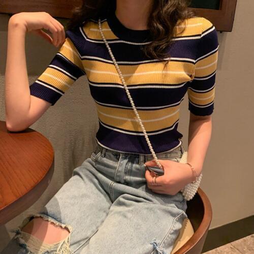 O Neck Women Summer Stripes Print Slim Short Sleeve Slim Bottom Knit Top Camisa Femenina