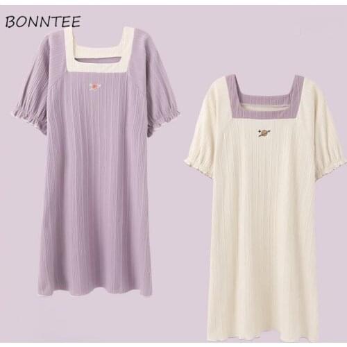 Sleepshirts Women Summer 3XL Korean Style Nightgown Ladies Cotton Chic Embroidery Square Collar Simple Patchwork Soft Breathable