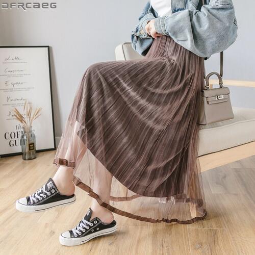 7 Colors Fashion Winter Mesh Midi Skirt Women Elastic High Waist Pleated Jupe Femme Vintage Velvet Patchwork Tulle Skirt Female