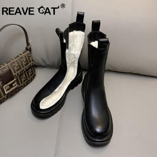 REAVE CAT Thick Plush Womans Chelsea Boots Anti Slip Snow Black Full Grain Leather 2021 Autumn Winter Ankle Boots Platform Shoe