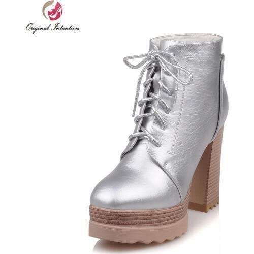 Original Intention Elegant Women Ankle Boots Stylish Round Toe Square Heels Boots Black Brown Silver Shoes Woman US Size 3.5-10