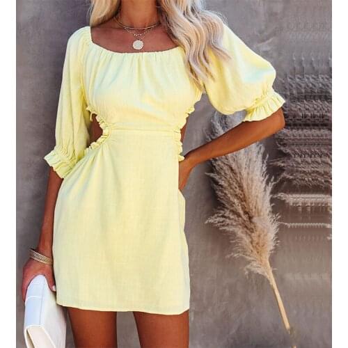 2021 Summer Womens Sexy Hollow Out Backless Fashion Dress Elegant Solid Seventh sleeve Party Dresses A-Line Elastic Waist Ladies