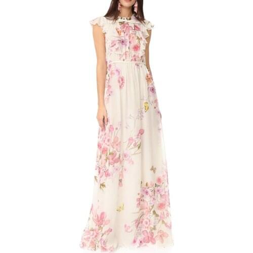 Elegant Pink Floral Printed Ruffles Maxi Dresses for Women Summer Runway Designers Casual Chiffon Vetement Femme 2021