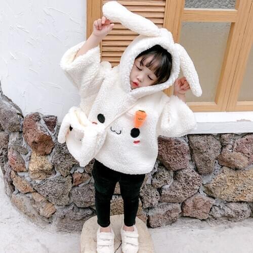 Winter Baby Girls Hooded Rabbit ears Jackets For Kids Coats Flannel warm kids clothes clothing Bunny backpack children Outerwear