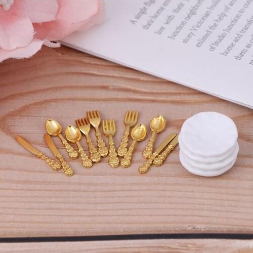 12Pcs Ceramic Plate Knife Fork Spoon Tableware Kitchen Food Furniture Toys for 1:12 Dollhouse Miniature Accessories