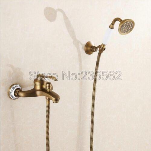 Antique Brass Single Handle Hot & Cold Water Tub Sink Mixer Tap Wall Mount Bathroom Bath Shower Set with Hand Shower Ltf033