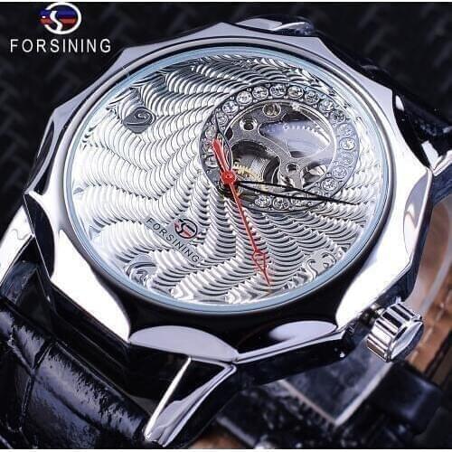 Forsining Fashion Unique Diamond Display Half Skeleton Design Men Silver Automatic Watches Top Brand Luxury Neutral Casual Clock