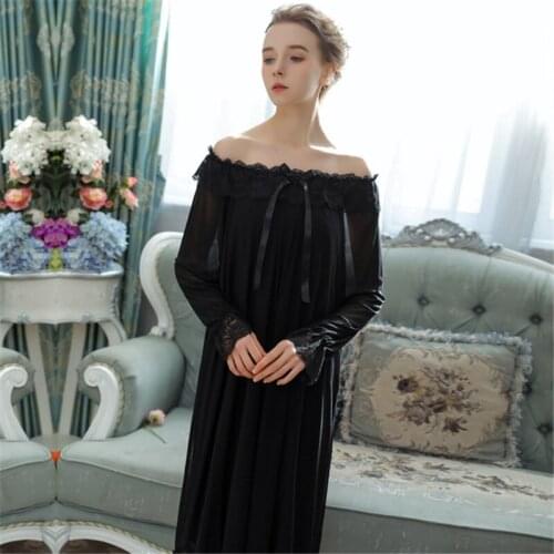 Black nightdress long-sleeved modal sexy nightdress female charming Nightwear lace sweet home clothes loose Palace Style