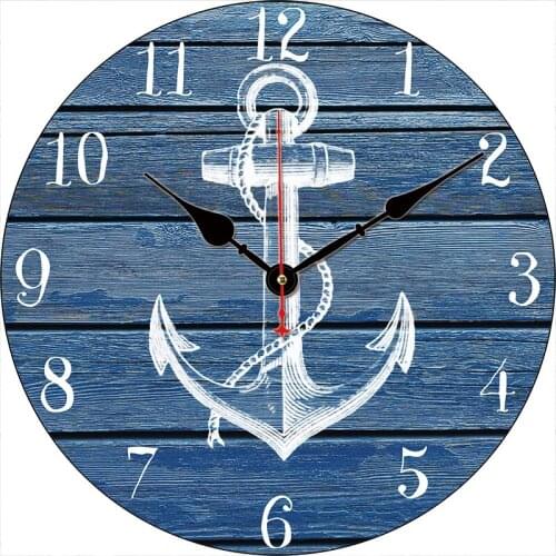 Nautical Anchor Wooden Wall Clock 12 inch Rustic Farmhouse Vintage Style, Battery Operated Non-Ticking Large Home Watches Clock