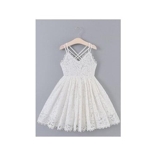 Toddler Kids Slip Dress Lace Floral V-Neck Sleeveless One Pcs Spaghetti Strap Sundress Girls Wedding Party Dress White 2-7 Years