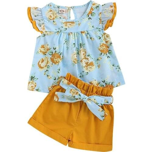 Baby Girl Set 2021 New Summer Clothing Toddler Baby Girl Clothes Floral Ruffle Top T-shirt Sash Bowknot Shorts Outfit Suit 1-5T