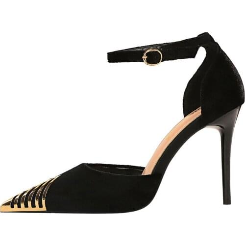 European and American sexy nightclub slim high heel large size suede shallow hollow metal pointed one line sandals