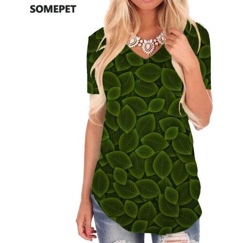 SOMEPET Cube T Shirt Women Geometry Tshirts Printed Leaf T-shirts 3d Green V-neck Tshirt Womens Clothing Fashion Printed