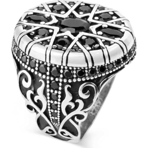 Black Mini Zircon Gemstone Men Silver Ring Vintage Handcarved Patterned Men Jewelry Top Quality Fashionable