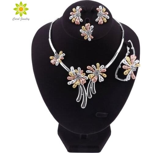 New African Jewelry Sets Silver Color Trendy Necklace Earrings Bracelet Ring Women Jewelry Set Wedding Accessories