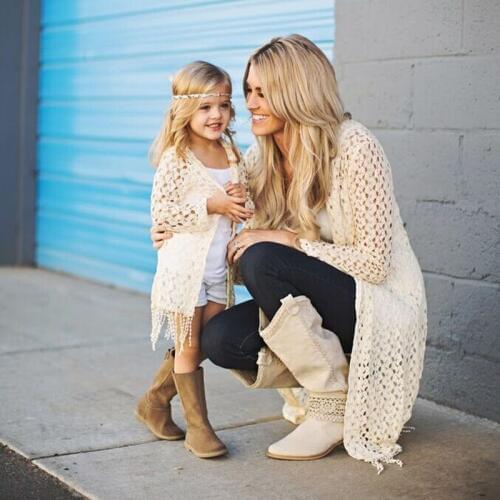 Mother and Daughter Matching clothes Summer Crochet Coat Lace Tassels Holiday Top Boho Beach kimono cardigan Women girls Outfits