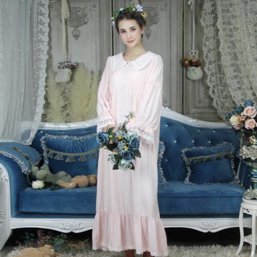 Autumn Royal Cotton Vintage Womens Princess Nightgowns Long Sleeve Elegant Collar Sleep Dress Female Sleepwear Plus Size 615
