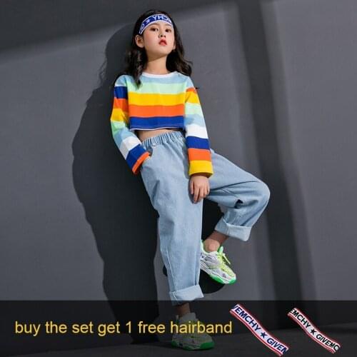 Pally elves Children Clothing Set Girls Outfit Rainbow Colorful Pullover Solid Jeans