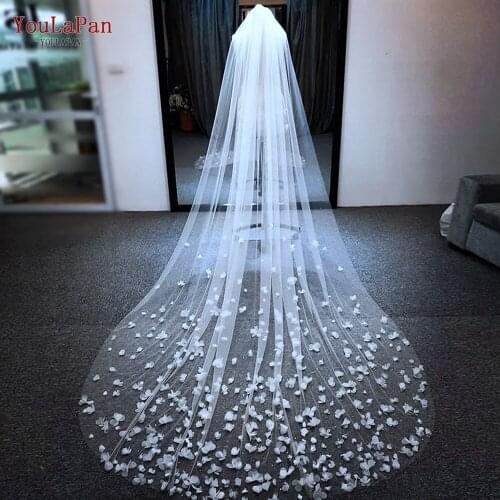 YouLaPan V20 Luxurious Bridal Veil with Flower Wedding Veils Cathedral Lace Long Tulle White Ivory Veil Wedding Accesories