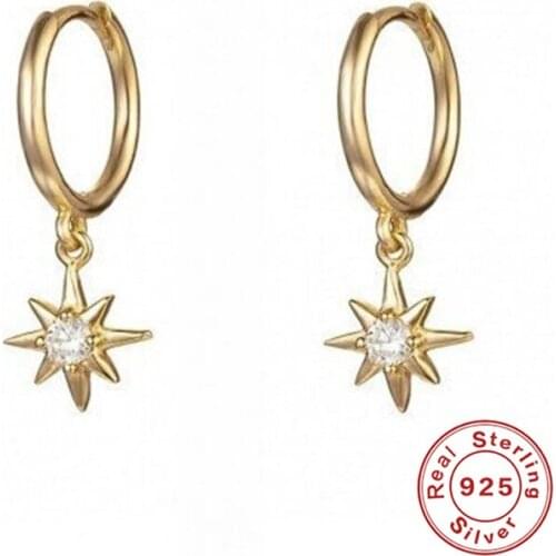 925 Sterling Silver Hoop Earrings for Women Minimalist INS Anise Star Small Sun CZ Crystal Zircon Earrings Fashion Jewelry 2019