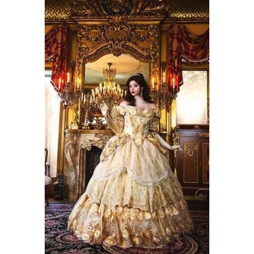 Gothic Victorian Bustle wedding Gown vintage gold lace applique floral Vampire Ball Masquerade Goth 19th century bride gown