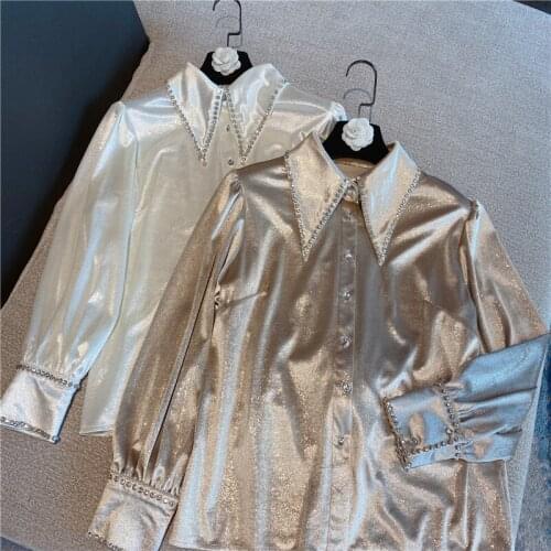 Temperament Rhinestone Satin Shirt Top for Women 2021 Spring Turn-Down Collar Long Sleeve Blouse Ladys Blusas
