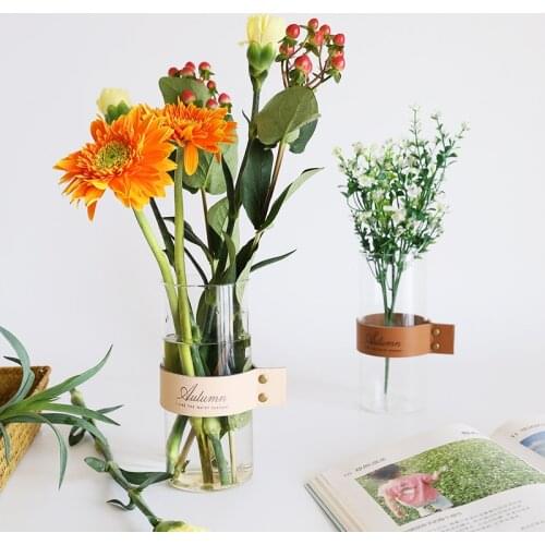 1pc Transparent Glass Vase with Leather Case High Quality Flower Vase Home Decor Tabletop Vase