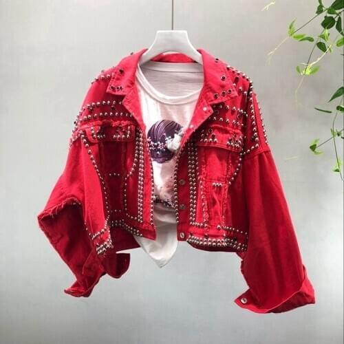 Spring Autumn Womens Harajuku Red Denim Jacket Coat Hand Beaded Rivet Short Black Jean Jackets Students Basic Coats Outfit