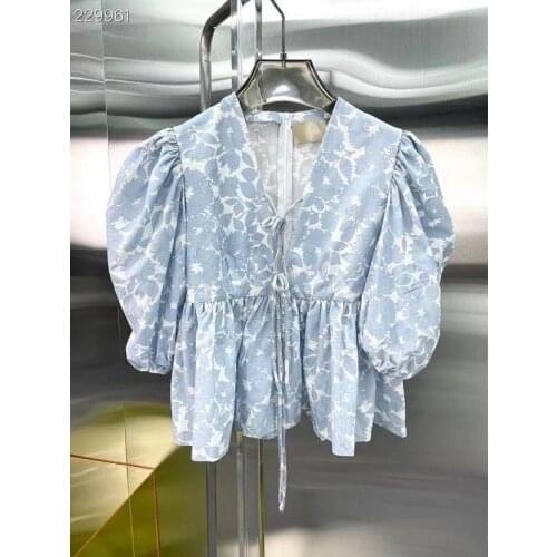 2021 Autumn New Fashion Women Blouse Runway Design Vintage Floral Print V-Neck Half Puff Sleeve Diamonds Casual Shirt