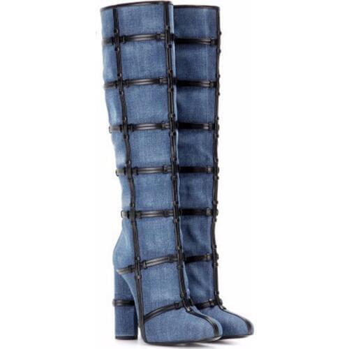 Western Design Style Women Fashion Round Toe Knee High Denim Thick Heel Boots Black Leather Fashion Design Long Boots
