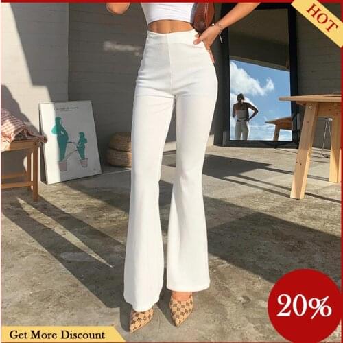NEW 2020 Women High Waist Wide Leg Pants Ribbed Knitted Solid Color Hollow Out Trousers Elastic Waist Sexy Casual OL Flare Pants
