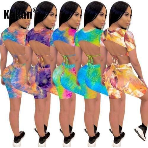 KaKan European and American Womens Explosion Backless Jumpsuit Two-piece Tie-Dye Printed Jumpsuit Suit